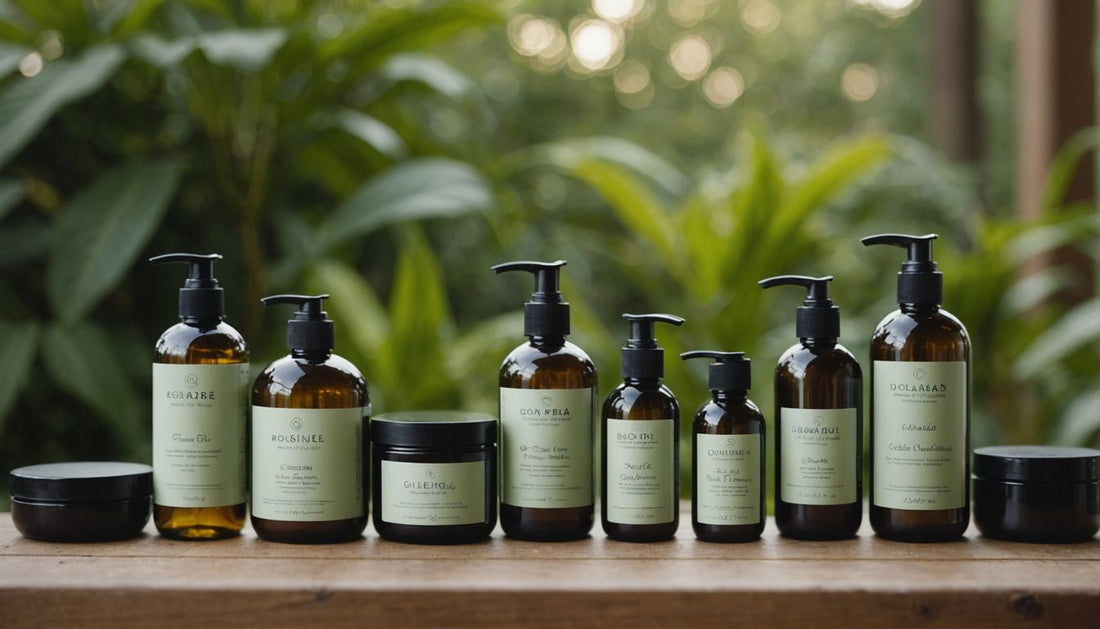 Organic hair care products displayed on a wooden table.