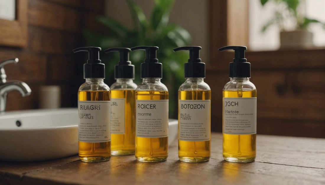 Various hair oil bottles on a wooden table, ideal for treating hair thinning issues.