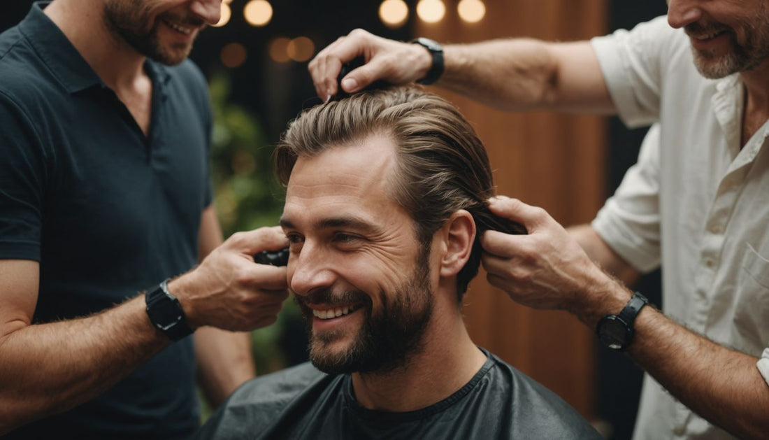 Man using organic hair treatment for thinning hair.