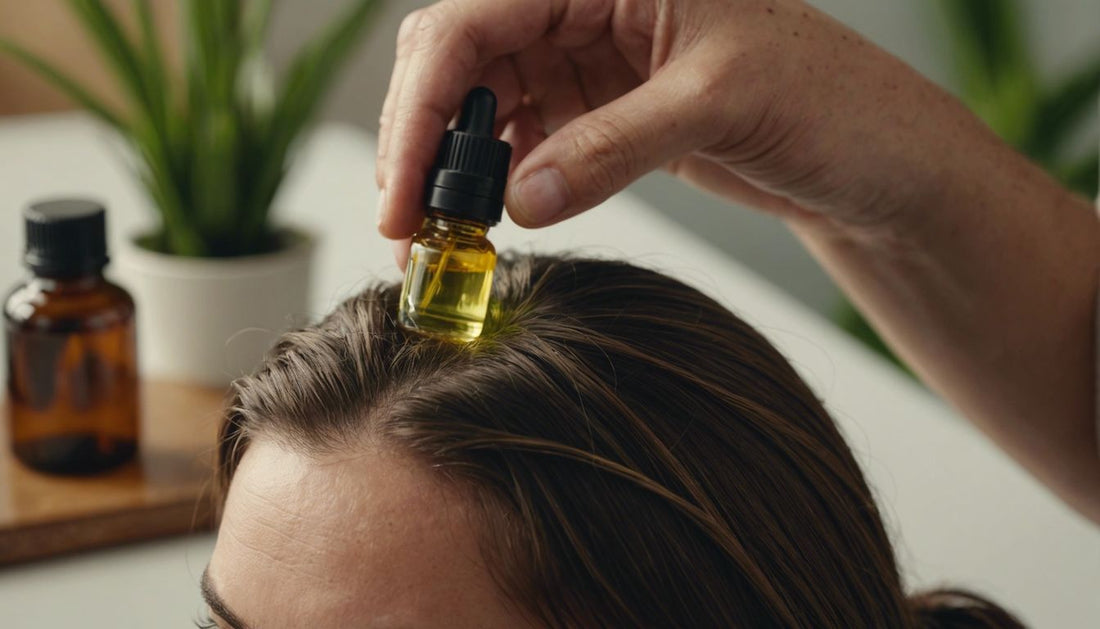 Person applying natural oil treatment to scalp with aloe vera, coconut oil, and rosemary in the background.
