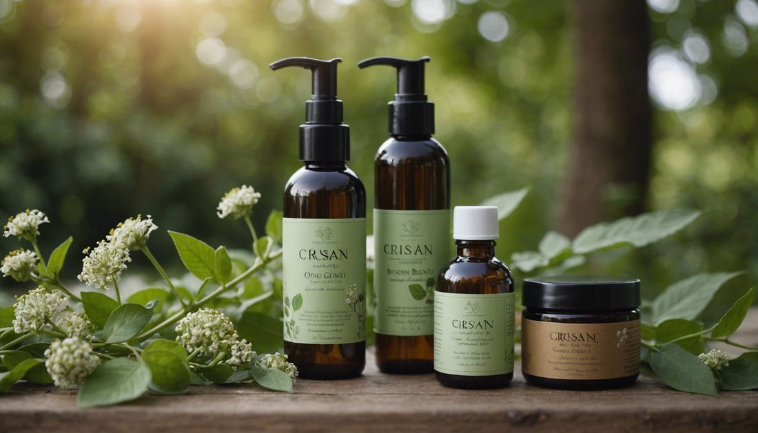 CRISAN Beauty organic hair care products displayed with flowers and leaves, emphasizing natural and organic beauty.