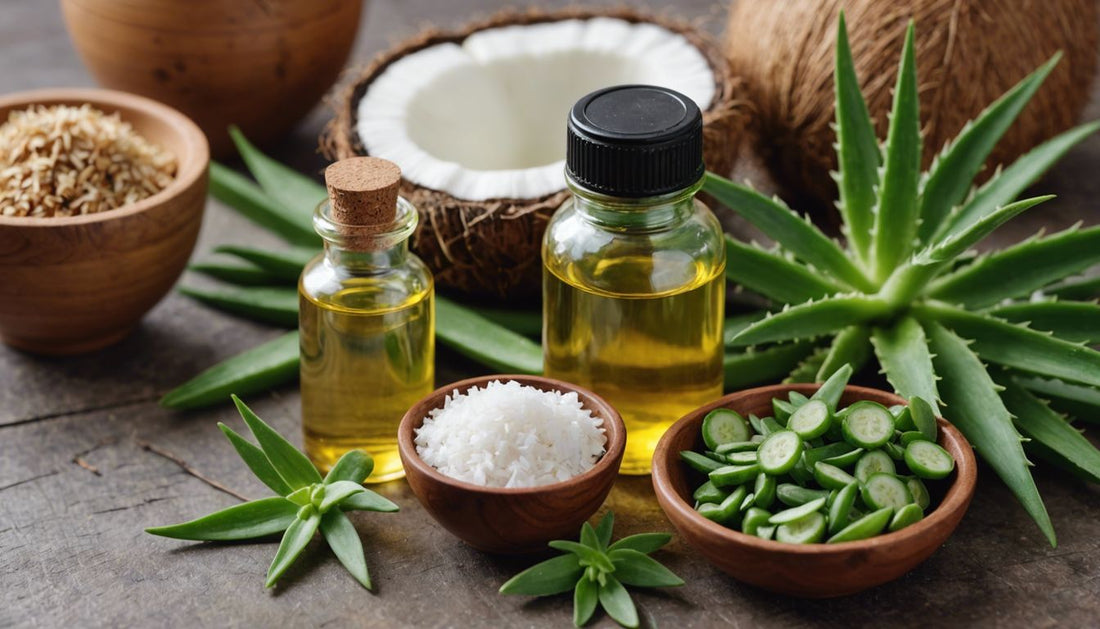 Natural ingredients like aloe vera, coconut oil, and herbs for homemade hair loss remedies in 2024.