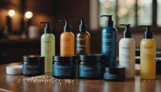 Various CRISAN hair health products displayed together.