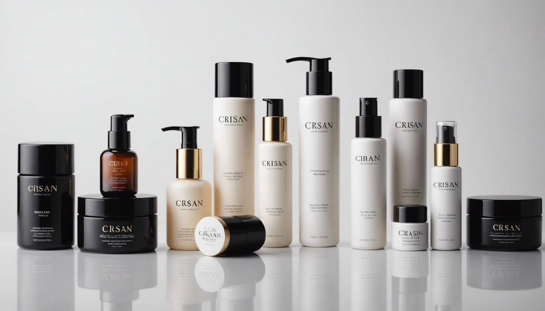 A selection of CRISAN beauty products for hair thinning, elegantly arranged on a white background, highlighting their premium packaging.