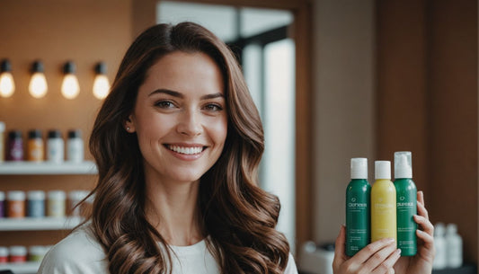 Woman holding CRISAN products, showcasing healthy hair.