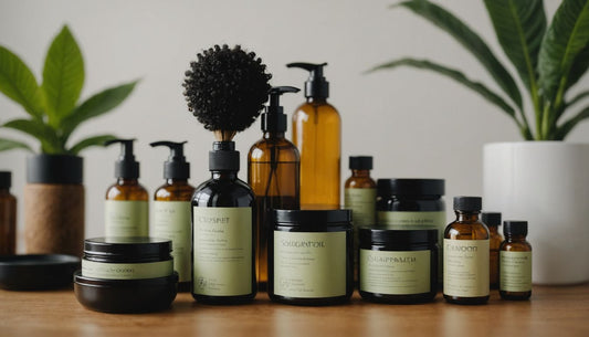 Natural hair care products displayed on a wooden table.