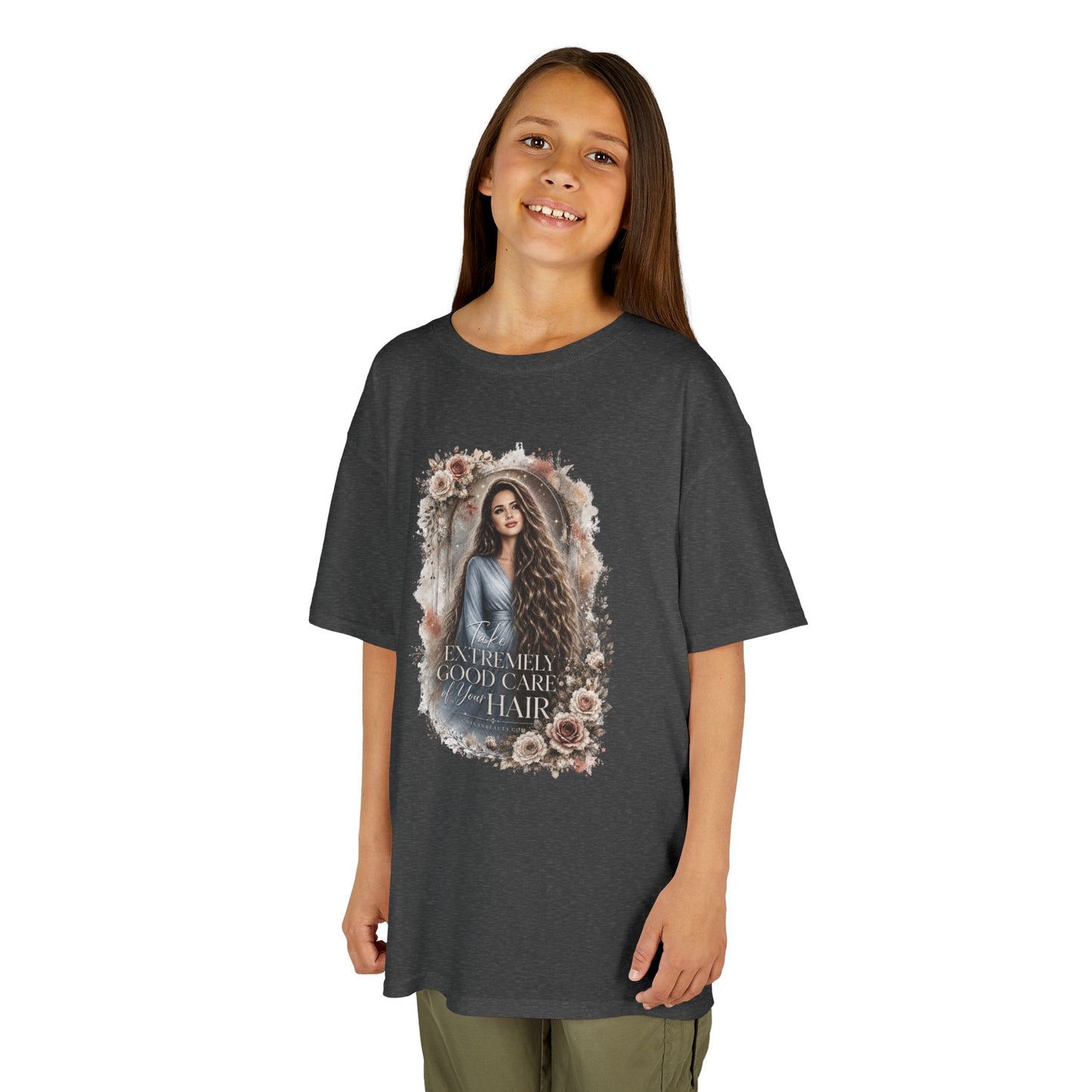 Kids Tee — “Take Extremely Good Care of Your Hair” Floral Portrait Shirt