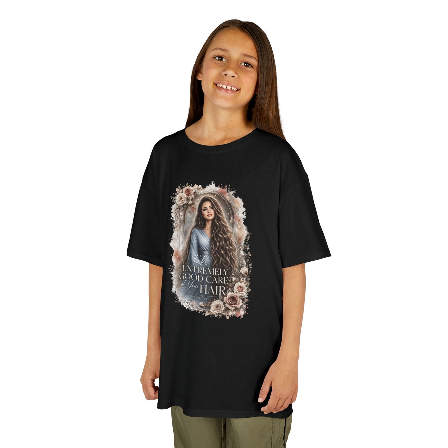 Kids Tee — “Take Extremely Good Care of Your Hair” Floral Portrait Shirt