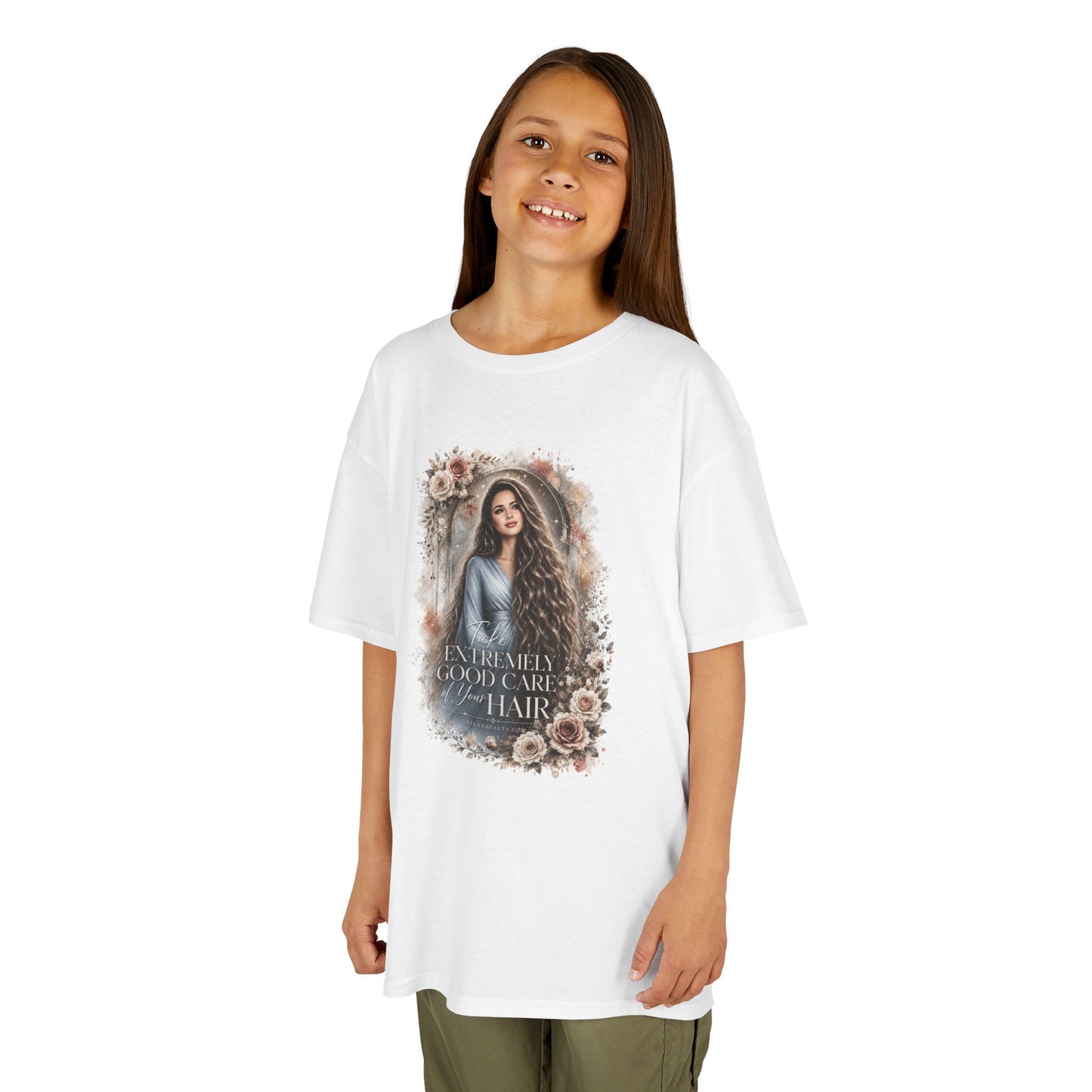 Kids Tee — “Take Extremely Good Care of Your Hair” Floral Portrait Shirt