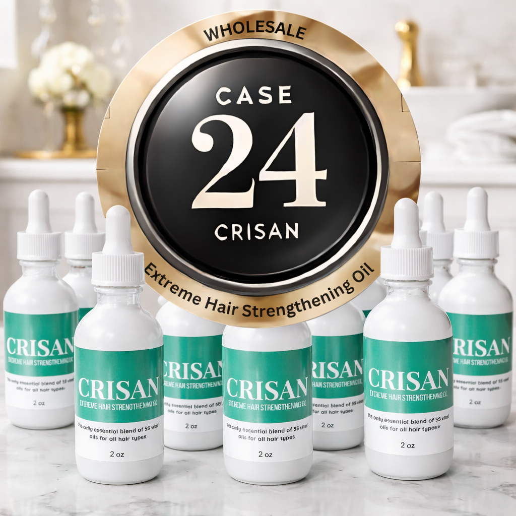 Multiple bottles of CRISAN Extreme Hair Strengthening Oil with a 'Case 24 CRISAN' label in the background.