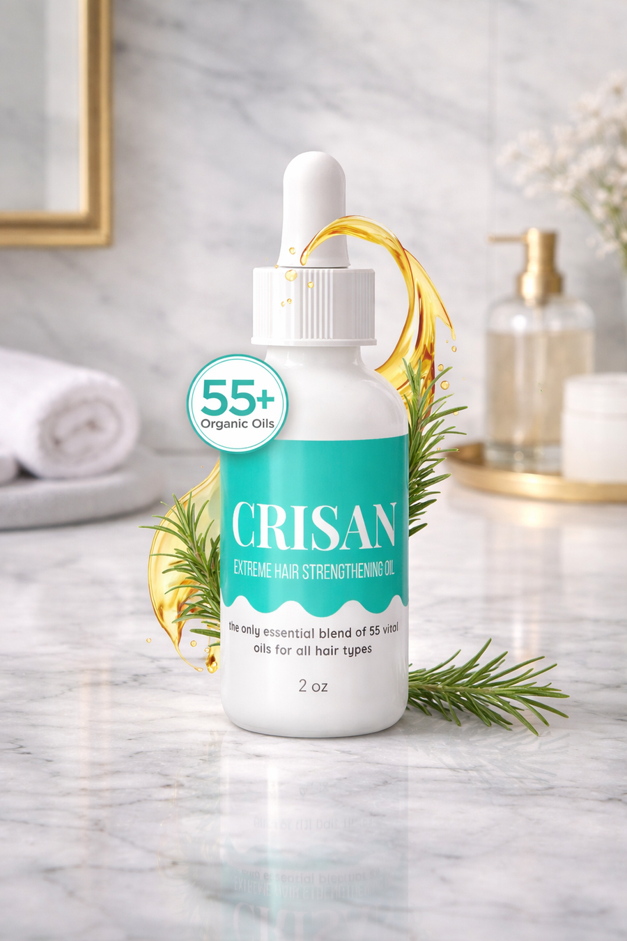 CRISAN hair strengthening oil bottle on a marble surface with decorative elements.