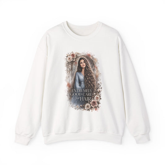 Crewneck Sweatshirt — “Take Extremely Good Care of Your Hair” Floral Portrait Pullover