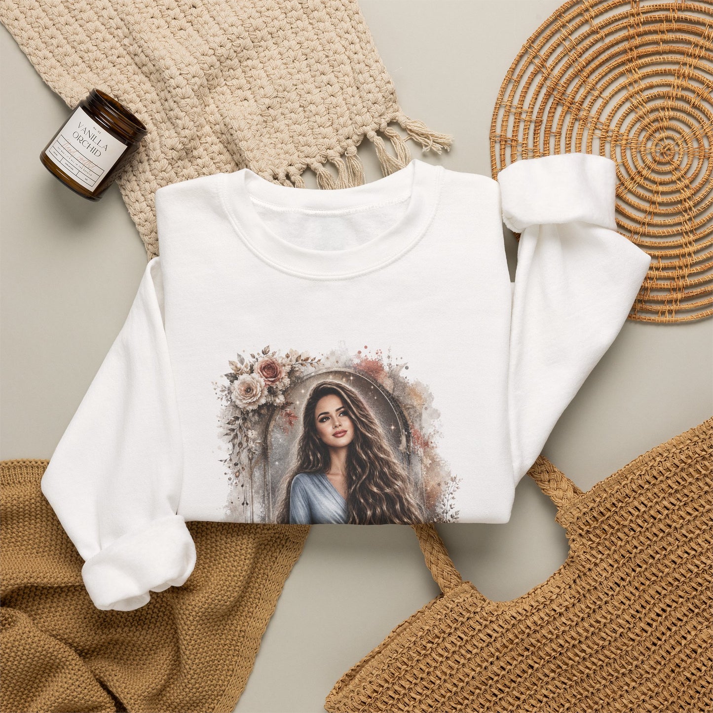 Crewneck Sweatshirt — “Take Extremely Good Care of Your Hair” Floral Portrait Pullover