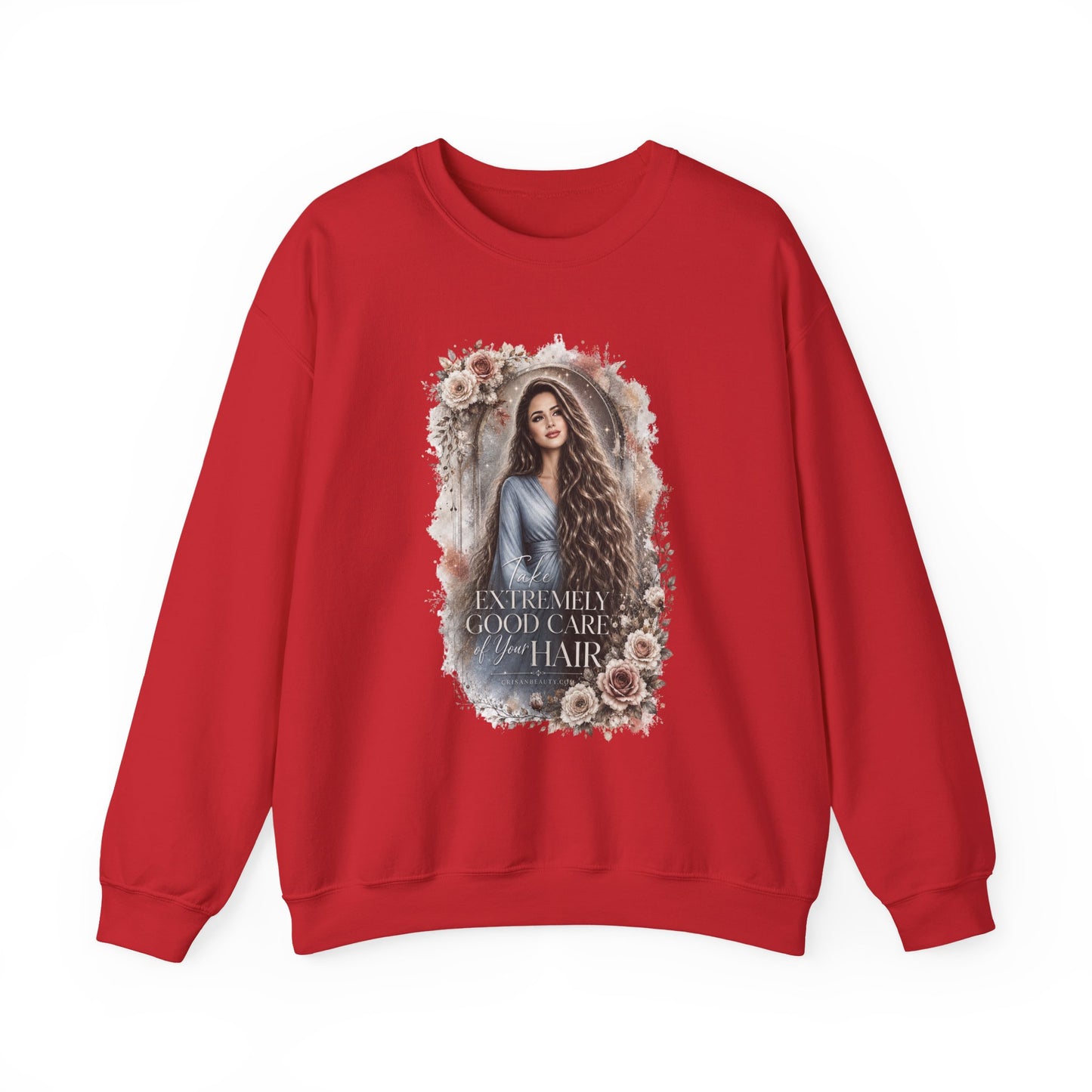 Crewneck Sweatshirt — “Take Extremely Good Care of Your Hair” Floral Portrait Pullover