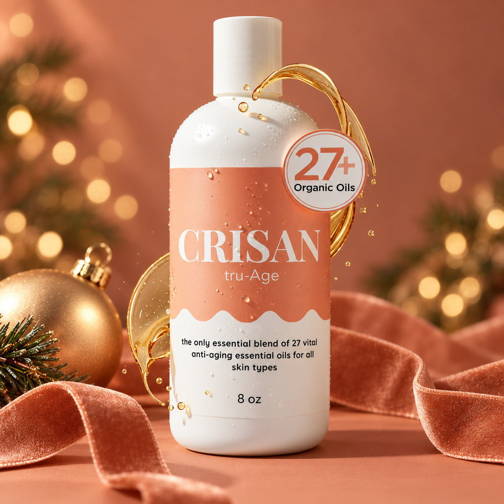 CRISAN 8 oz truAge Facial Oil in a peach holiday setting