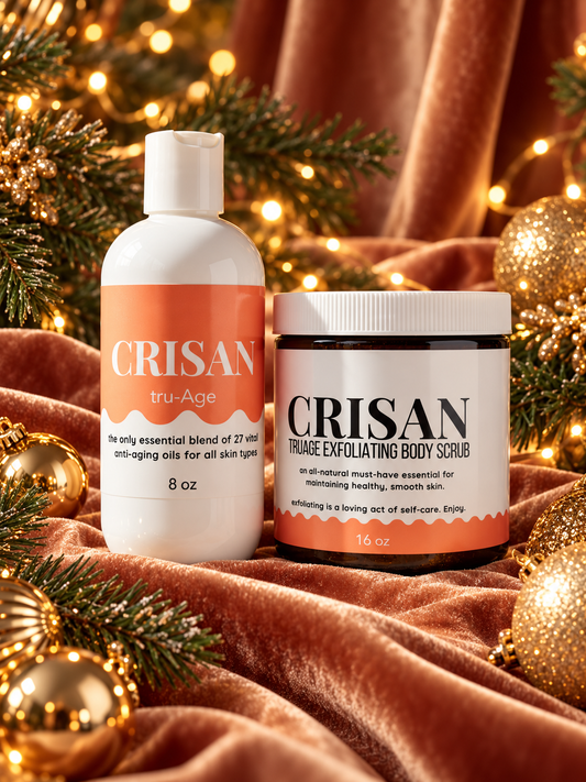tru-Age Exfoliating Body Scrub & Hydrating Facial Oil Set | CRISAN — holiday product photograph