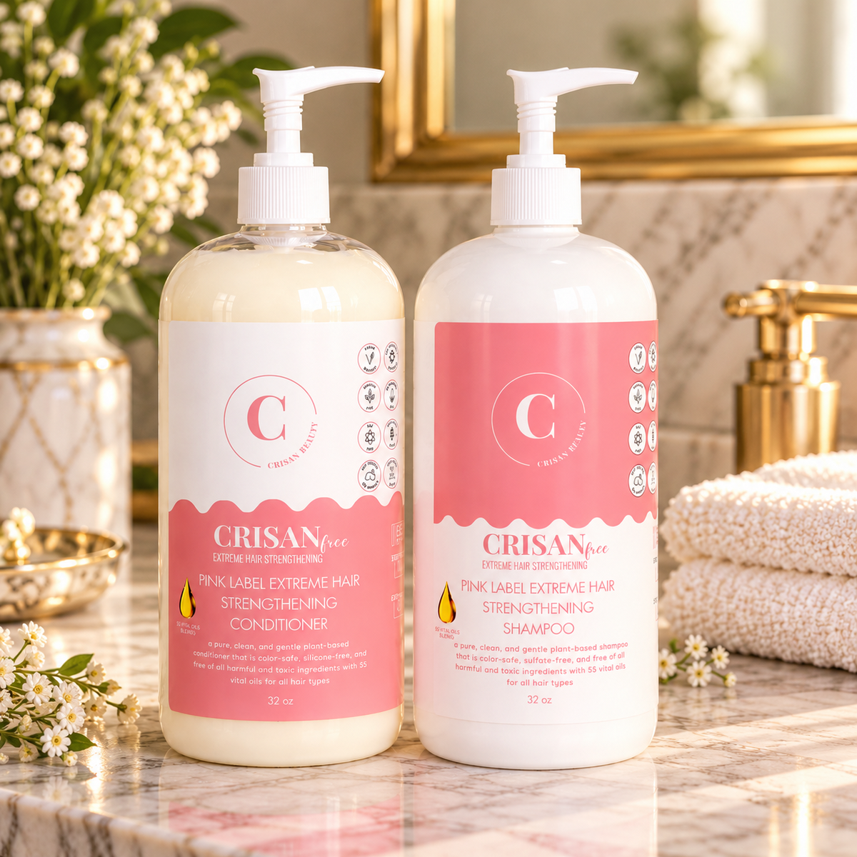 Pink Label Shampoo and Conditioner shown together; sold separately at $74.99 per bottle