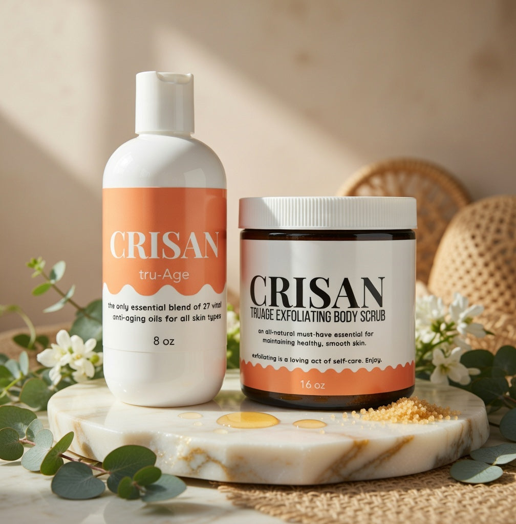 tru-Age Exfoliating Body Scrub & Hydrating Facial Oil Set | CRISAN