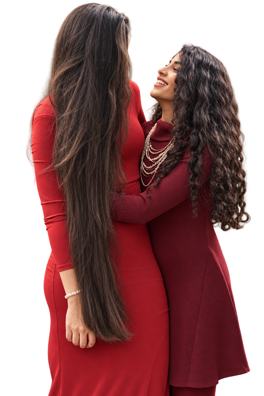 Ariana and her daughter embracing in red outfits, with the background removed